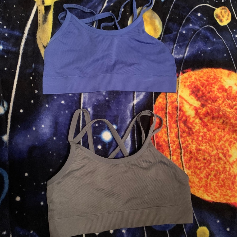 blue sports bra and gray sports bra. size small